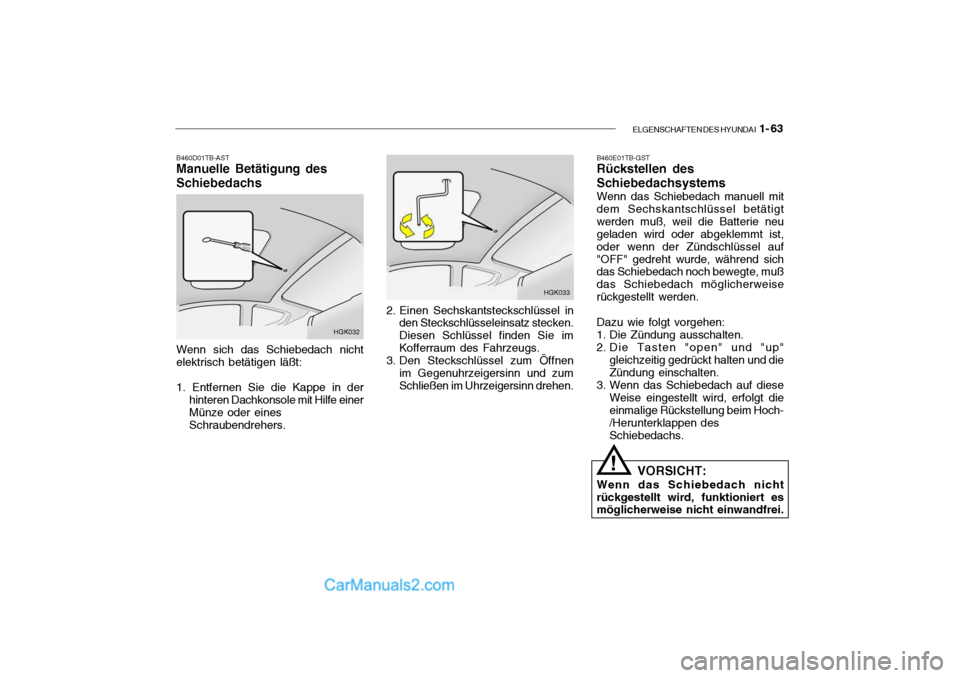 Hyundai Getz 2004 Betriebsanleitung (in German) ELGENSCHAFTEN DES HYUNDAI 1- 63
B460D01TB-AST Manuelle Betätigung des Schiebedachs
HGK032
Wenn sich das Schiebedach nicht elektrisch betätigen läßt: 1. Entfernen Sie die Kappe in der hinteren Dac Hyundai Getz 2004 Betriebsanleitung (in German) ELGENSCHAFTEN DES HYUNDAI 1- 63
B460D01TB-AST Manuelle Betätigung des Schiebedachs
HGK032
Wenn sich das Schiebedach nicht elektrisch betätigen läßt: 1. Entfernen Sie die Kappe in der hinteren Dac