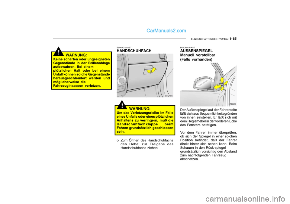 Hyundai Getz 2004 Betriebsanleitung (in German) ELGENSCHAFTEN DES HYUNDAI 1- 65
!
!
HTB306
B510A01A-AST AUSSENSPIEGEL Manuell verstellbar(Falls vorhanden) Der Außenspiegel auf der Fahrerseite läßt sich aus Bequemlichkeitsgründenvon innen einst Hyundai Getz 2004 Betriebsanleitung (in German) ELGENSCHAFTEN DES HYUNDAI 1- 65
!
!
HTB306
B510A01A-AST AUSSENSPIEGEL Manuell verstellbar(Falls vorhanden) Der Außenspiegel auf der Fahrerseite läßt sich aus Bequemlichkeitsgründenvon innen einst