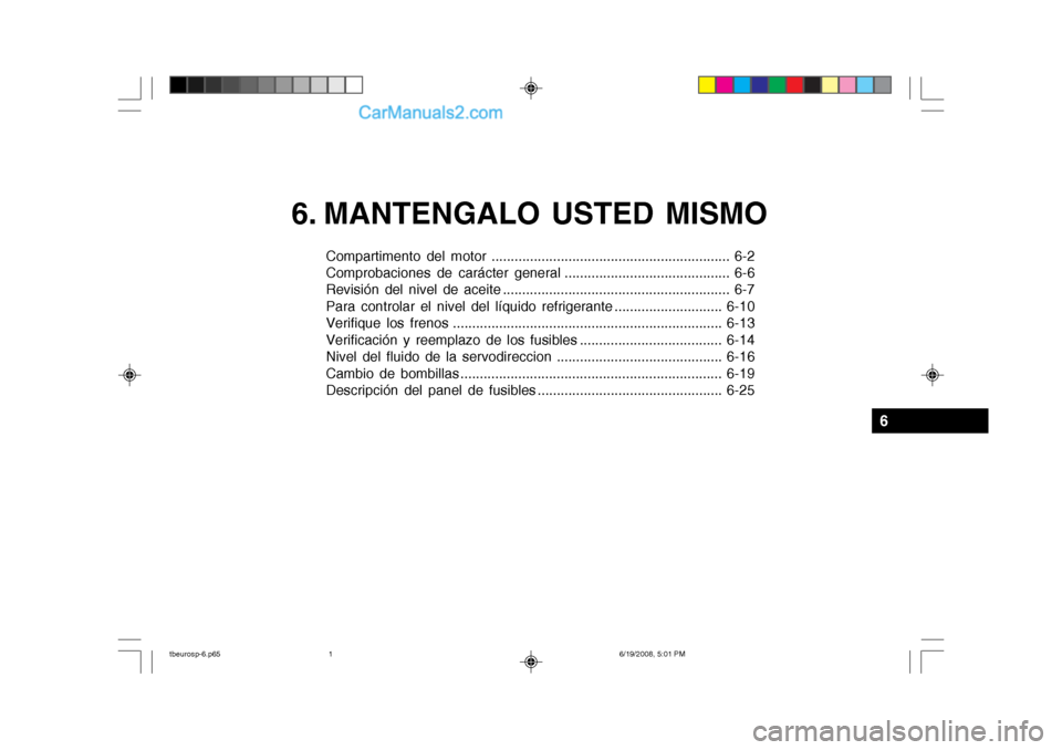 Hyundai Getz 2004  Manual del propietario (in Spanish) 6. MANTENGALO USTED MISMO
Compartimento del motor .............................................................. 6-2 
Comprobaciones de carácter general ........................................... 6-
