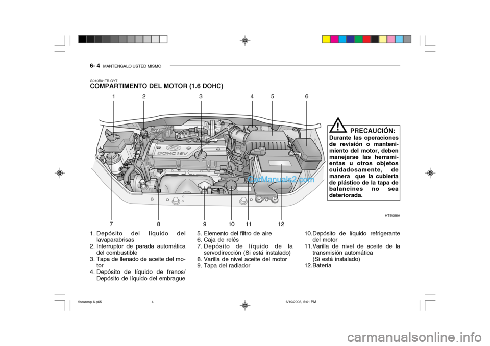 Hyundai Getz 2004  Manual del propietario (in Spanish) 6- 4  MANTENGALO USTED MISMO
G010B01TB-GYT
COMPARTIMENTO DEL MOTOR (1.6 DOHC)
HTB088A
12 3 4 5 6
789 10 11 12 PRECAUCIÓN:
Durante las operaciones
de revisión o manteni- miento del motor, deben manej