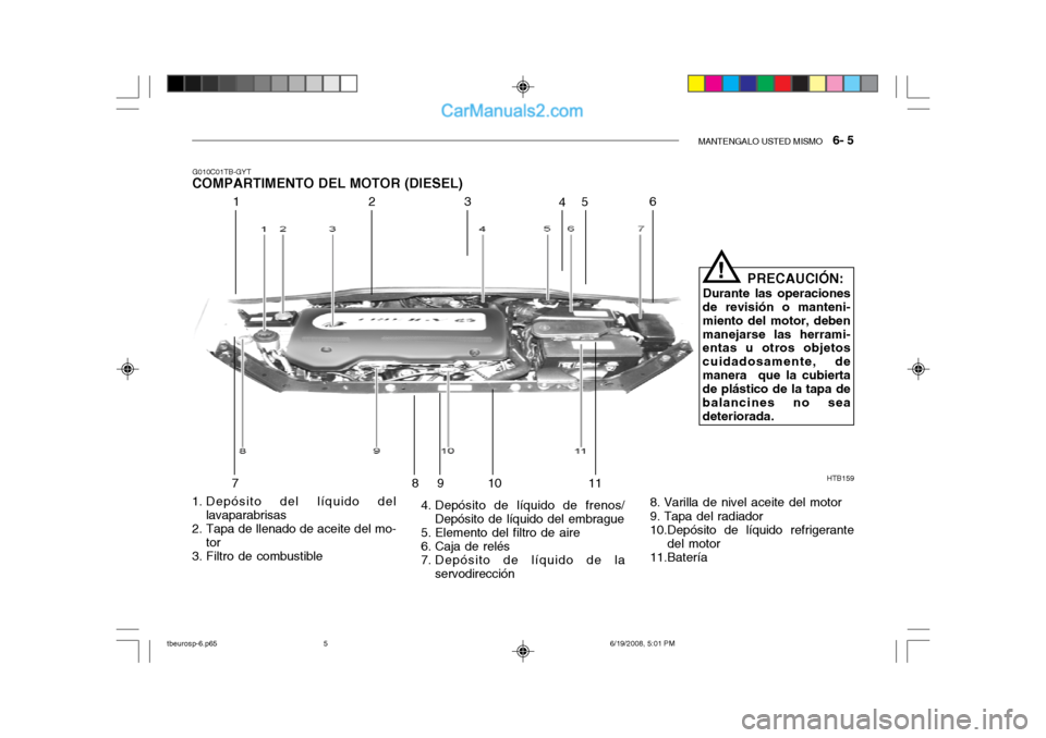 Hyundai Getz 2004  Manual del propietario (in Spanish) MANTENGALO USTED MISMO   6- 5
G010C01TB-GYT
COMPARTIMENTO DEL MOTOR (DIESEL)
HTB159
123
45 6
78 910
11 PRECAUCIÓN:
Durante las operaciones
de revisión o manteni- miento del motor, debenmanejarse las