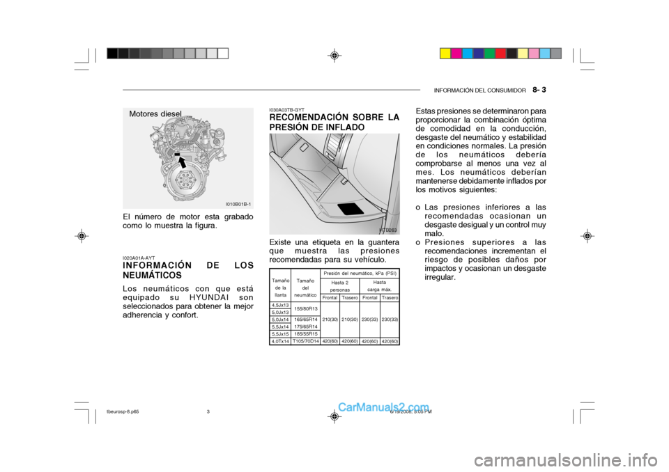 Hyundai Getz 2004 Manual del propietario (in Spanish) INFORMACIÓN DEL CONSUMIDOR 8- 3
El número de motor esta grabado como lo muestra la figura. I020A01A-AYT INFORMACIÓN DE LOS NEUMÁTICOS Los neumáticos con que está equipado su HYUNDAI sonselecci Hyundai Getz 2004 Manual del propietario (in Spanish) INFORMACIÓN DEL CONSUMIDOR 8- 3
El número de motor esta grabado como lo muestra la figura. I020A01A-AYT INFORMACIÓN DE LOS NEUMÁTICOS Los neumáticos con que está equipado su HYUNDAI sonselecci