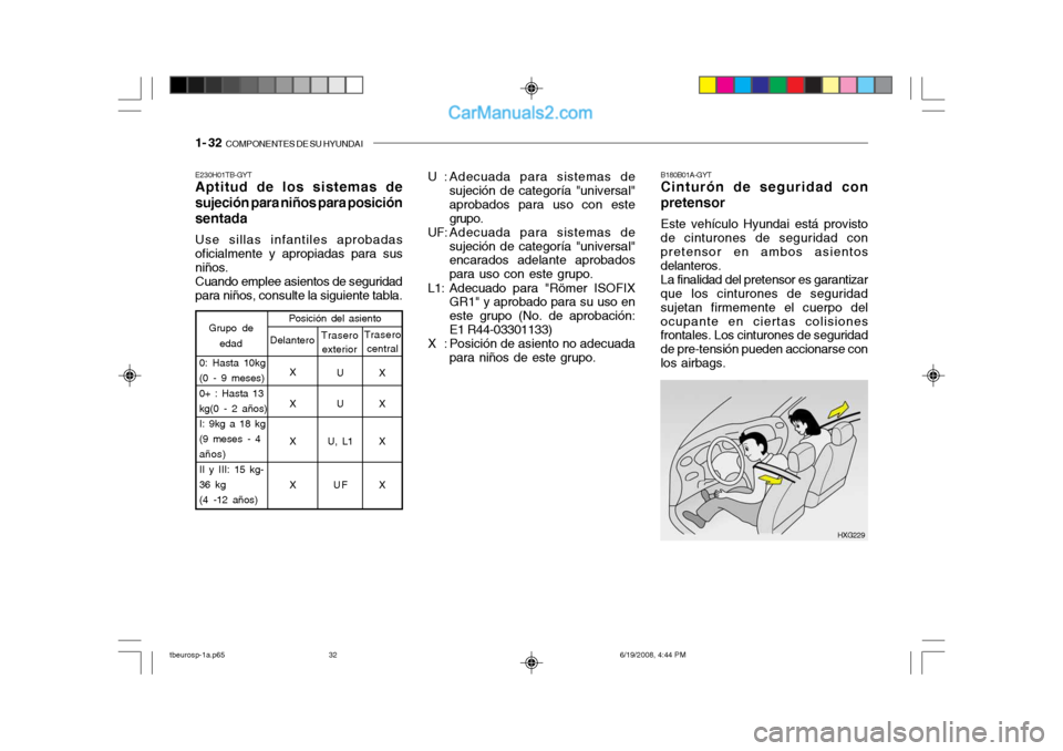Hyundai Getz 2004 Manual del propietario (in Spanish) 1- 32 COMPONENTES DE SU HYUNDAI
B180B01A-GYT Cinturón de seguridad con pretensor Este vehículo Hyundai está provisto de cinturones de seguridad con pretensor en ambos asientos delanteros. La final Hyundai Getz 2004 Manual del propietario (in Spanish) 1- 32 COMPONENTES DE SU HYUNDAI
B180B01A-GYT Cinturón de seguridad con pretensor Este vehículo Hyundai está provisto de cinturones de seguridad con pretensor en ambos asientos delanteros. La final