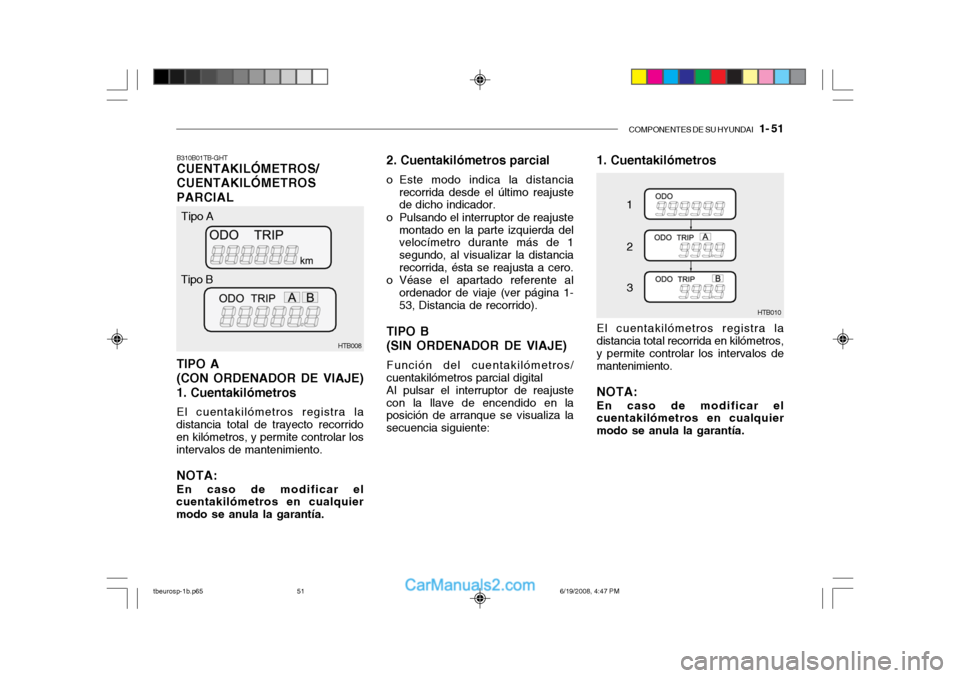 Hyundai Getz 2004 Manual del propietario (in Spanish) COMPONENTES DE SU HYUNDAI 1- 51
B310B01TB-GHT CUENTAKILÓMETROS/ CUENTAKILÓMETROSPARCIAL TIPO A (CON ORDENADOR DE VIAJE)1. Cuentakilómetros El cuentakilómetros registra la
distancia total de tray Hyundai Getz 2004 Manual del propietario (in Spanish) COMPONENTES DE SU HYUNDAI 1- 51
B310B01TB-GHT CUENTAKILÓMETROS/ CUENTAKILÓMETROSPARCIAL TIPO A (CON ORDENADOR DE VIAJE)1. Cuentakilómetros El cuentakilómetros registra la
distancia total de tray