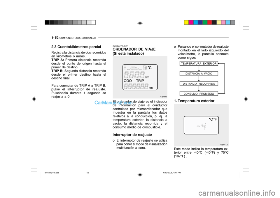 Hyundai Getz 2004 Manual del propietario (in Spanish) 1- 52 COMPONENTES DE SU HYUNDAI
2,3 Cuentakilómetros parcial Registra la distancia de dos recorridos en kilómetros o millas.TRIP A: Primera distancia recorrida
desde el punto de origen hasta elpri Hyundai Getz 2004 Manual del propietario (in Spanish) 1- 52 COMPONENTES DE SU HYUNDAI
2,3 Cuentakilómetros parcial Registra la distancia de dos recorridos en kilómetros o millas.TRIP A: Primera distancia recorrida
desde el punto de origen hasta elpri