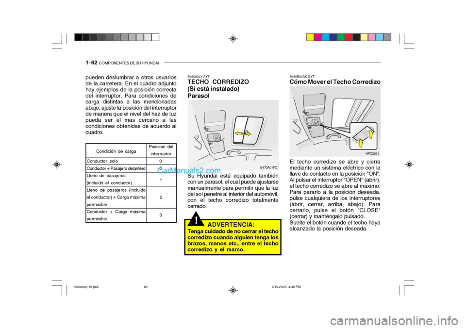 Hyundai Getz 2004 Manual del propietario (in Spanish) 1- 62 COMPONENTES DE SU HYUNDAI
!
pueden deslumbrar a otros usuarios de la carretera. En el cuadro adjunto hay ejemplos de la posición correctadel interruptor. Para condiciones de carga distintas a Hyundai Getz 2004 Manual del propietario (in Spanish) 1- 62 COMPONENTES DE SU HYUNDAI
!
pueden deslumbrar a otros usuarios de la carretera. En el cuadro adjunto hay ejemplos de la posición correctadel interruptor. Para condiciones de carga distintas a
