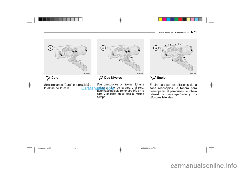 Hyundai Getz 2004 Manual del propietario (in Spanish) COMPONENTES DE SU HYUNDAI 1- 81
HTB040 HTB041
HTB042
Cara
Seleccionando "Cara", el aire saldrá a
la altura de la cara. Dos Niveles
Dos direcciones o niveles. El aire
saldrá al nivel de la cara y a Hyundai Getz 2004 Manual del propietario (in Spanish) COMPONENTES DE SU HYUNDAI 1- 81
HTB040 HTB041
HTB042
Cara
Seleccionando "Cara", el aire saldrá a
la altura de la cara. Dos Niveles
Dos direcciones o niveles. El aire
saldrá al nivel de la cara y a