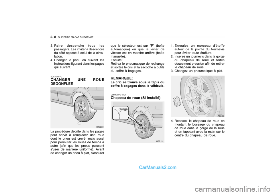Hyundai Getz 2004 Manuel du propriétaire (in French) 3- 8 QUE FAIRE EN CAS DURGENCE
SD070A1-FU CHANGER UNE ROUE
DEGONFLEE La procédure décrite dans les pages peut servir à remplacer une roue dont le pneu est crevé, mais aussipour permuter les roue Hyundai Getz 2004 Manuel du propriétaire (in French) 3- 8 QUE FAIRE EN CAS DURGENCE
SD070A1-FU CHANGER UNE ROUE
DEGONFLEE La procédure décrite dans les pages peut servir à remplacer une roue dont le pneu est crevé, mais aussipour permuter les roue