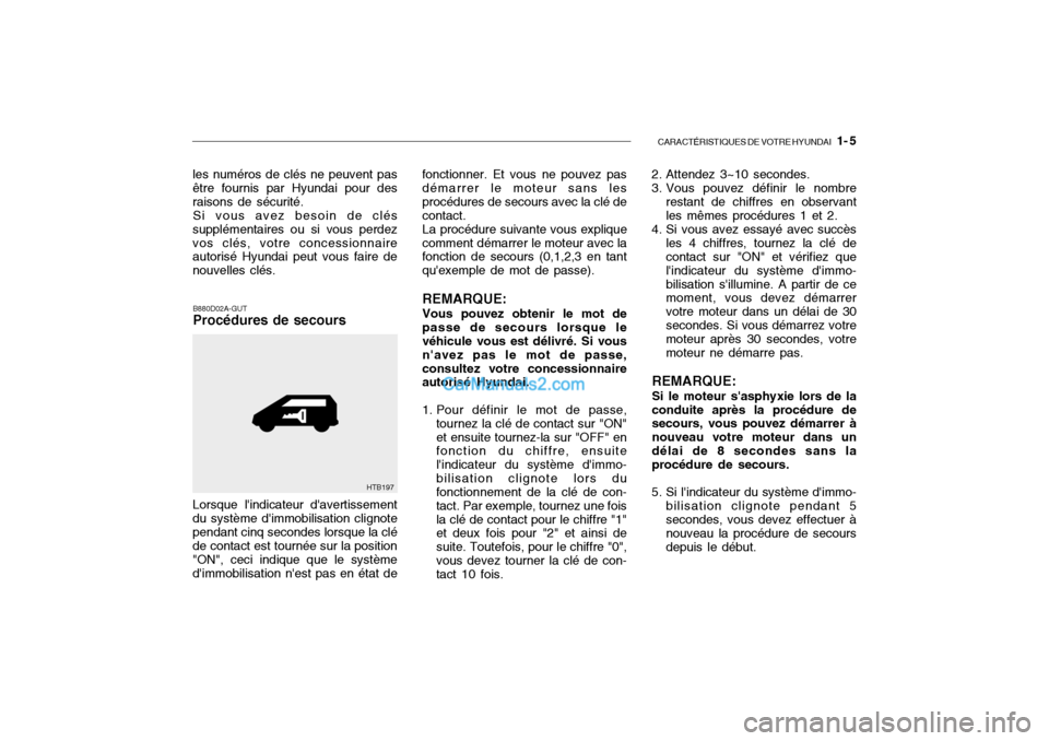 Hyundai Getz 2004 Manuel du propriétaire (in French) CARACTÉRISTIQUES DE VOTRE HYUNDAI 1- 5
B880D02A-GUT Procédures de secours
les numéros de clés ne peuvent pas être fournis par Hyundai pour des raisons de sécurité.
Si vous avez besoin de clé Hyundai Getz 2004 Manuel du propriétaire (in French) CARACTÉRISTIQUES DE VOTRE HYUNDAI 1- 5
B880D02A-GUT Procédures de secours
les numéros de clés ne peuvent pas être fournis par Hyundai pour des raisons de sécurité.
Si vous avez besoin de clé