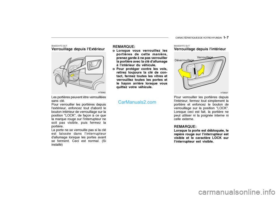 Hyundai Getz 2004 Manuel du propriétaire (in French) CARACTÉRISTIQUES DE VOTRE HYUNDAI 1- 7
B040C01FC-GUT Verrouillage depuis lExtérieur
Les portières peuvent être verrouillées
sans clé.
Pour verrouiller les portières depuis
lextérieur, enfo Hyundai Getz 2004 Manuel du propriétaire (in French) CARACTÉRISTIQUES DE VOTRE HYUNDAI 1- 7
B040C01FC-GUT Verrouillage depuis lExtérieur
Les portières peuvent être verrouillées
sans clé.
Pour verrouiller les portières depuis
lextérieur, enfo