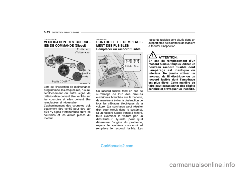 Hyundai Getz 2004 Manuel du propriétaire (in French) 6- 22 ENTRETIEN PAR VOS SOINS
raccords fusibles sont situés dans un support près de la batterie de manière à faciliter linspection.
ATTENTION:
En cas de remplacement dun
raccord fusible, toujou Hyundai Getz 2004 Manuel du propriétaire (in French) 6- 22 ENTRETIEN PAR VOS SOINS
raccords fusibles sont situés dans un support près de la batterie de manière à faciliter linspection.
ATTENTION:
En cas de remplacement dun
raccord fusible, toujou