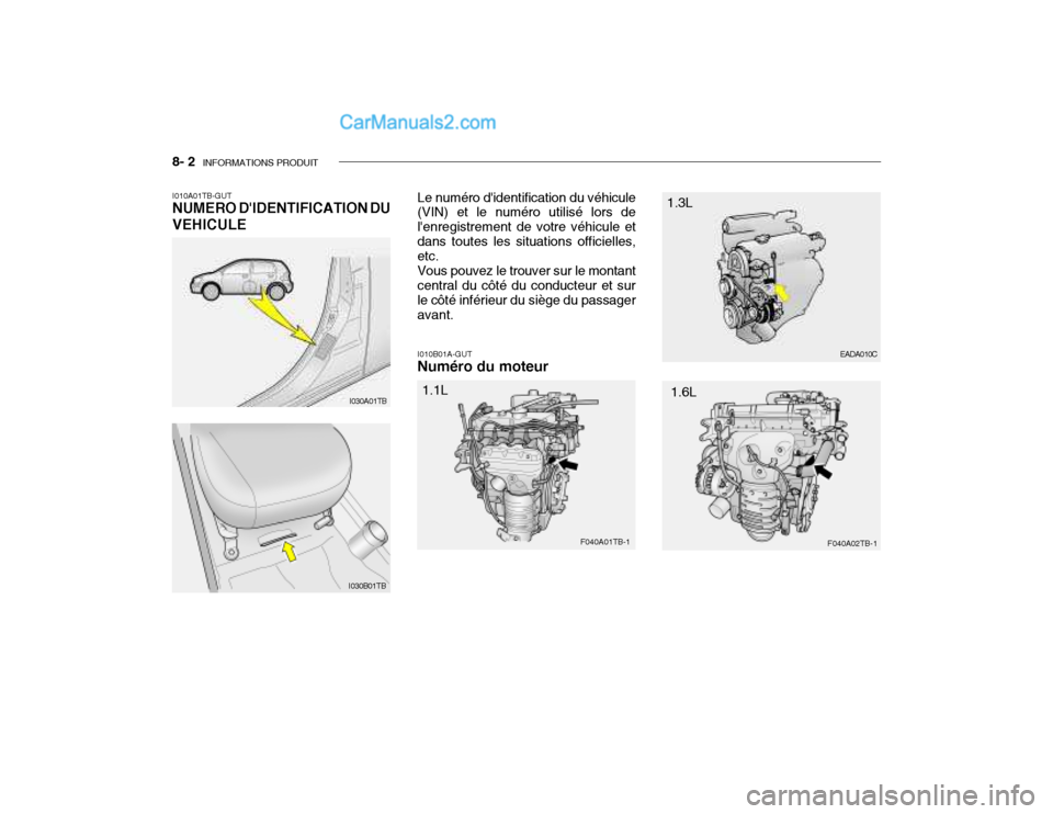 Hyundai Getz 2004 Manuel du propriétaire (in French) 8- 2 INFORMATIONS PRODUIT
I010B01A-GUT Numéro du moteur
I010A01TB-GUT NUMERO DIDENTIFICATION DU VEHICULE Le numéro didentification du véhicule (VIN) et le numéro utilisé lors de lenregistreme Hyundai Getz 2004 Manuel du propriétaire (in French) 8- 2 INFORMATIONS PRODUIT
I010B01A-GUT Numéro du moteur
I010A01TB-GUT NUMERO DIDENTIFICATION DU VEHICULE Le numéro didentification du véhicule (VIN) et le numéro utilisé lors de lenregistreme