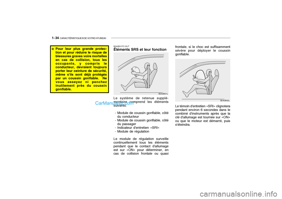 Hyundai Getz 2004 Manuel du propriétaire (in French) 1- 34 CARACTÉRISTIQUES DE VOTRE HYUNDAI
o Pour leur plus grande protec-
tion et pour réduire le risque de blessures graves voire mortelles en cas de collision, tous lesoccupants, y compris le condu Hyundai Getz 2004 Manuel du propriétaire (in French) 1- 34 CARACTÉRISTIQUES DE VOTRE HYUNDAI
o Pour leur plus grande protec-
tion et pour réduire le risque de blessures graves voire mortelles en cas de collision, tous lesoccupants, y compris le condu