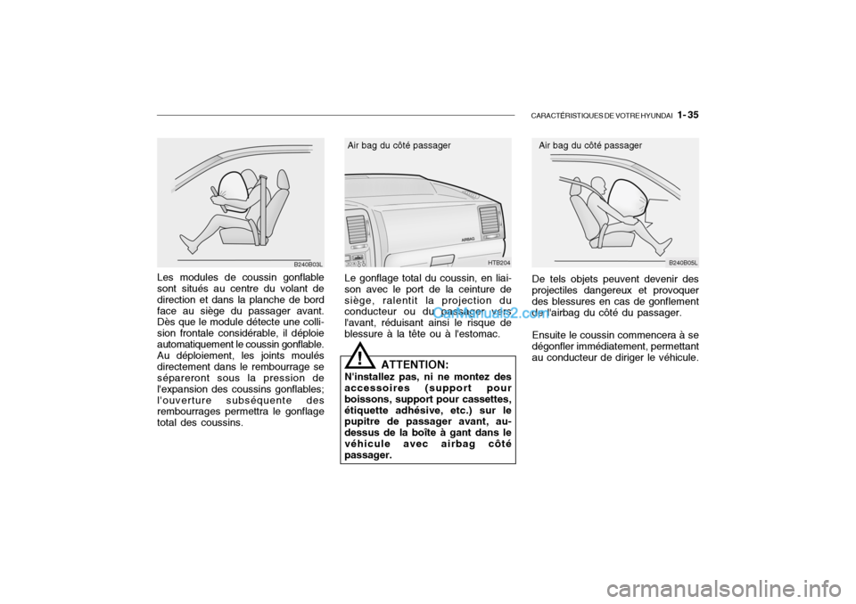 Hyundai Getz 2004 Manuel du propriétaire (in French) CARACTÉRISTIQUES DE VOTRE HYUNDAI 1- 35
Le gonflage total du coussin, en liai-
son avec le port de la ceinture de siège, ralentit la projection du conducteur ou du passager vers lavant, réduisan Hyundai Getz 2004 Manuel du propriétaire (in French) CARACTÉRISTIQUES DE VOTRE HYUNDAI 1- 35
Le gonflage total du coussin, en liai-
son avec le port de la ceinture de siège, ralentit la projection du conducteur ou du passager vers lavant, réduisan