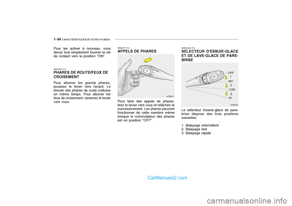 Hyundai Getz 2004 Manuel du propriétaire (in French) 1- 54 CARACTÉRISTIQUES DE VOTRE HYUNDAI
6SB230A1-FU SELECTEUR DESSUIE-GLACE
ET DE LAVE-GLACE DE PARE- BRISE
Le sélecteur dessie-glace de pare-
brise dispose des trois positions suivantes: 1. Bala Hyundai Getz 2004 Manuel du propriétaire (in French) 1- 54 CARACTÉRISTIQUES DE VOTRE HYUNDAI
6SB230A1-FU SELECTEUR DESSUIE-GLACE
ET DE LAVE-GLACE DE PARE- BRISE
Le sélecteur dessie-glace de pare-
brise dispose des trois positions suivantes: 1. Bala