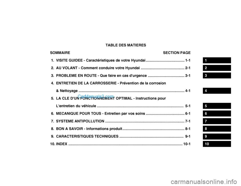 Hyundai Getz 2004 Manuel du propriétaire (in French) TABLE DES MATIERES
SOMMAIRE SECTION PAGE
1. VISITE GUIDEE - Caractéristiques de votre Hyundai ...................................... 1-1
2. AU VOLANT - Comment conduire votre Hyundai ............. Hyundai Getz 2004 Manuel du propriétaire (in French) TABLE DES MATIERES
SOMMAIRE SECTION PAGE
1. VISITE GUIDEE - Caractéristiques de votre Hyundai ...................................... 1-1
2. AU VOLANT - Comment conduire votre Hyundai .............