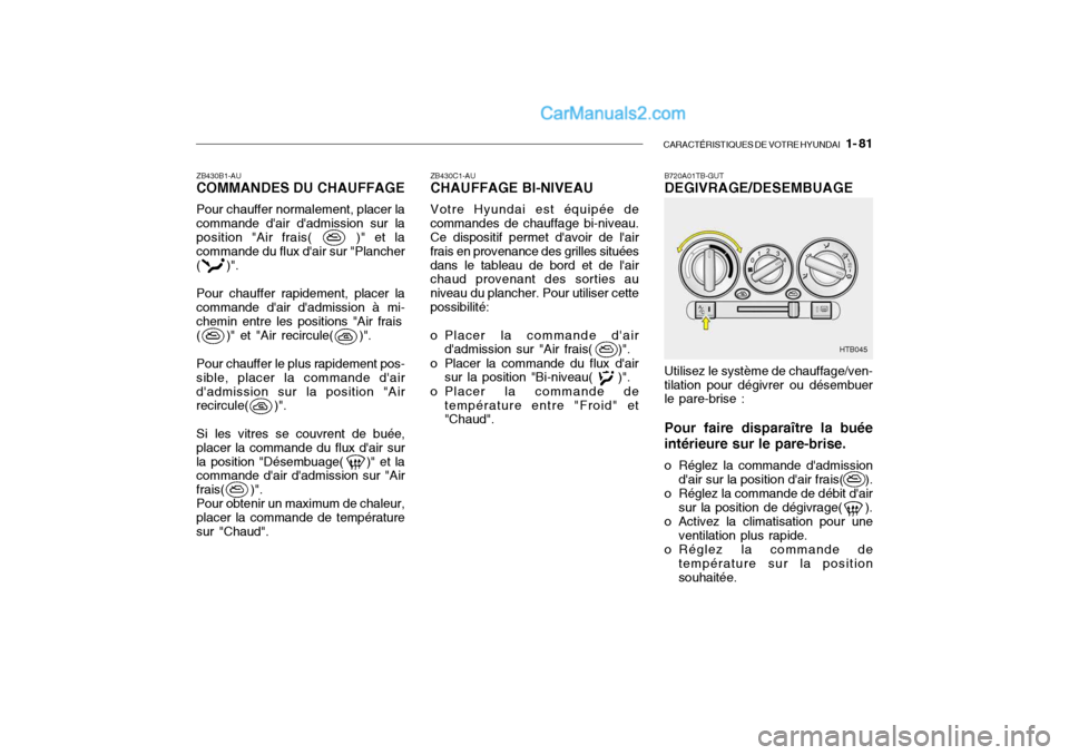 Hyundai Getz 2004  Manuel du propriétaire (in French) CARACTÉRISTIQUES DE VOTRE HYUNDAI   1- 81
ZB430C1-AU CHAUFFAGE BI-NIVEAU Votre Hyundai est équipée de
commandes de chauffage bi-niveau. Ce dispositif permet davoir de lair frais en provenance des