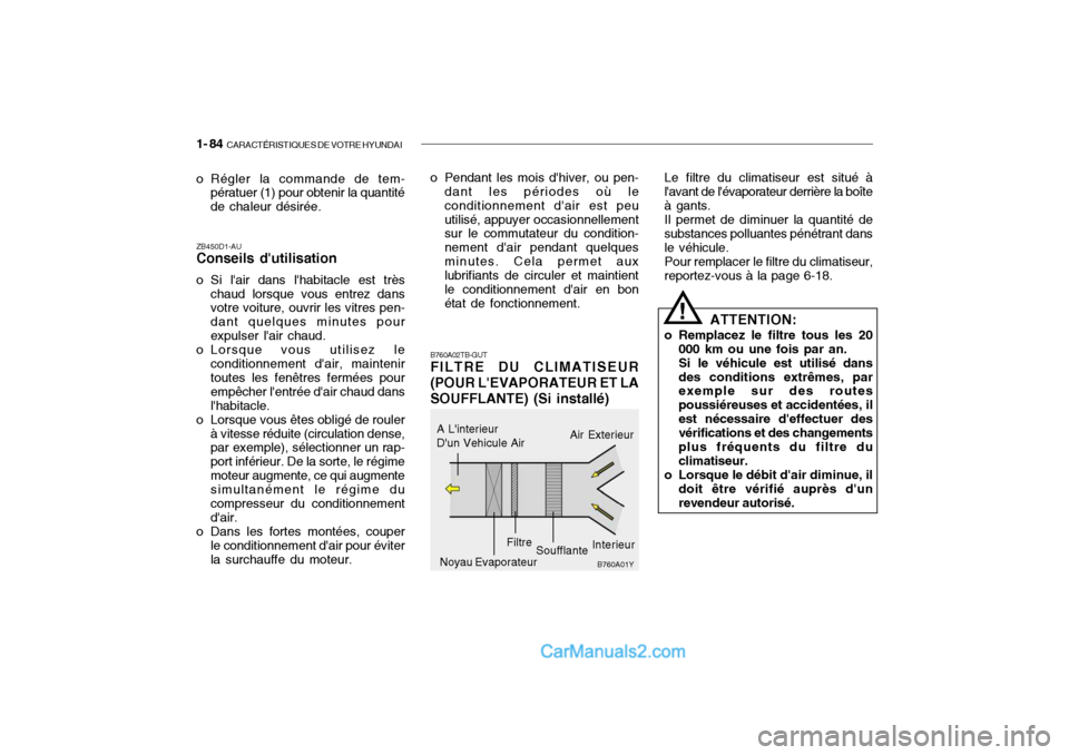 Hyundai Getz 2004  Manuel du propriétaire (in French) 1- 84  CARACTÉRISTIQUES DE VOTRE HYUNDAI
o Régler la commande de tem-
pératuer (1) pour obtenir la quantité de chaleur désirée.
ZB450D1-AU Conseils dutilisation 
o Si lair dans lhabitacle est