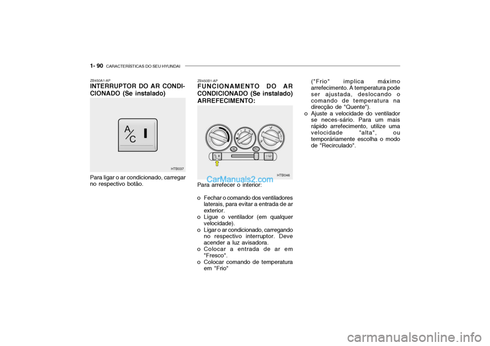 Hyundai Getz 2004  Manual do proprietário (in Portuguese) 1- 90  CARACTERÍSTICAS DO SEU HYUNDAI
ZB450A1-AP INTERRUPTOR DO AR CONDI-
CIONADO (Se instalado)
Para arrefecer o interior: 
o Fechar o comando dos ventiladoreslaterais, para evitar a entrada de ar e
