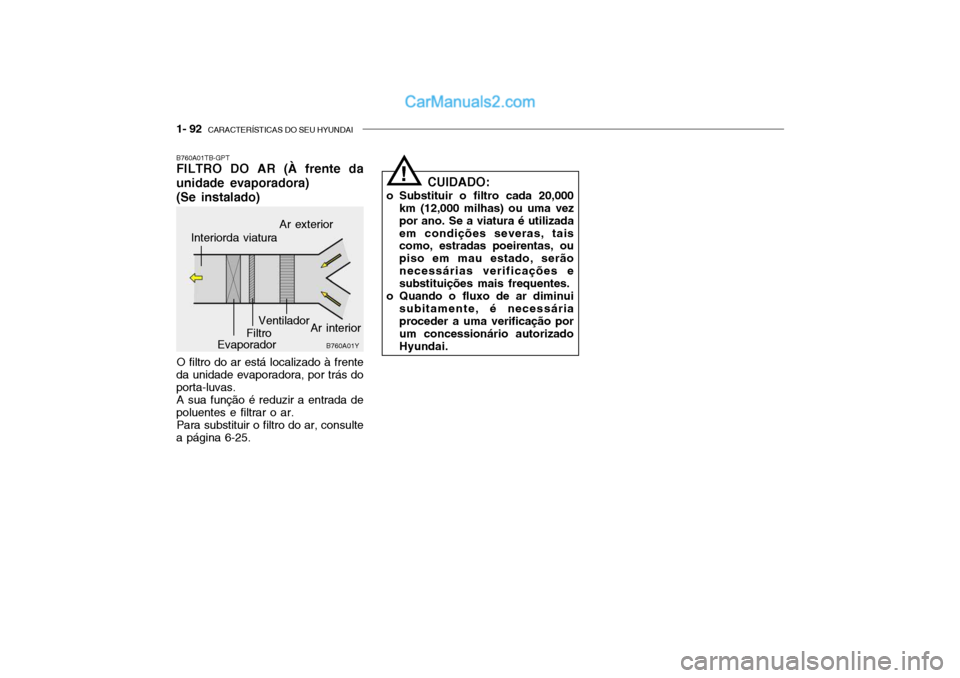 Hyundai Getz 2004  Manual do proprietário (in Portuguese) 1- 92  CARACTERÍSTICAS DO SEU HYUNDAI
B760A01TB-GPT FILTRO DO AR (À frente da unidade evaporadora) (Se instalado)
O filtro do ar está localizado à frente
da unidade evaporadora, por trás do porta