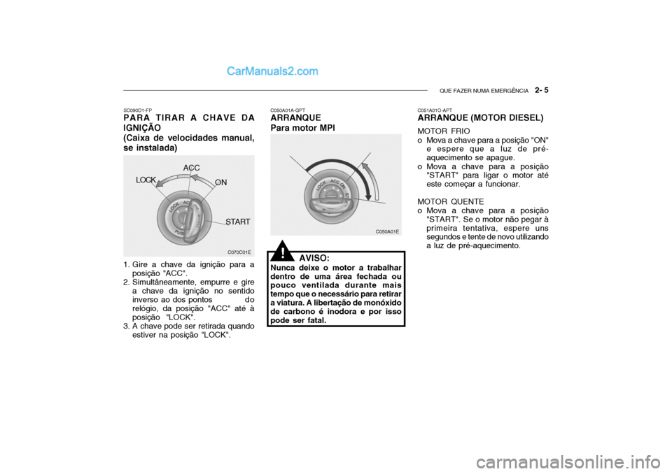 Hyundai Getz 2004 Manual do proprietário (in Portuguese) QUE FAZER NUMA EMERGÊNCIA 2- 5
C050A01A-GPT
ARRANQUE Para motor MPI
AVISO:
Nunca deixe o motor a trabalhar
dentro de uma área fechada ou pouco ventilada durante mais tempo que o necessário para r Hyundai Getz 2004 Manual do proprietário (in Portuguese) QUE FAZER NUMA EMERGÊNCIA 2- 5
C050A01A-GPT
ARRANQUE Para motor MPI
AVISO:
Nunca deixe o motor a trabalhar
dentro de uma área fechada ou pouco ventilada durante mais tempo que o necessário para r