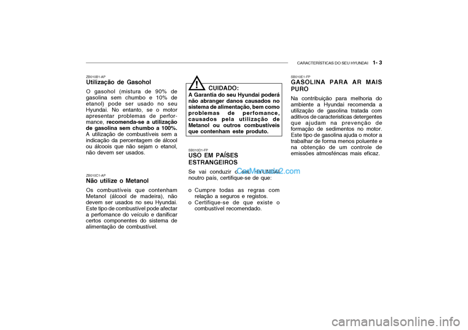 Hyundai Getz 2004  Manual do proprietário (in Portuguese) CARACTERÍSTICAS DO SEU HYUNDAI   1- 3
ZB010B1-AP Utilização de Gasohol O gasohol (mistura de 90% de
gasolina sem chumbo e 10% de etanol) pode ser usado no seu Hyundai. No entanto, se o motorapresen