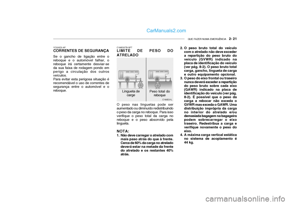 Hyundai Getz 2004  Manual do proprietário (in Portuguese) QUE FAZER NUMA EMERGÊNCIA   2- 21
C190E01L 2. O peso bruto total do veículo
com o atrelado não deve exceder a repartição do peso bruto doveículo (GVWR) indicado na placa de identificação do ve