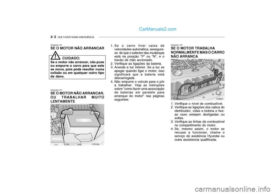 Hyundai Getz 2004  Manual do proprietário (in Portuguese) 3- 2  QUE FAZER NUMA EMERGÊNCIA
SD020A1-FP SE O MOTOR NÃO ARRANCAR SD020B1-FP
SE O MOTOR NÃO ARRANCAR, OU TRABALHAR MUITO LENTAMENTE 1. Se o carro tiver caixa de
velocidades automática, assegure- 