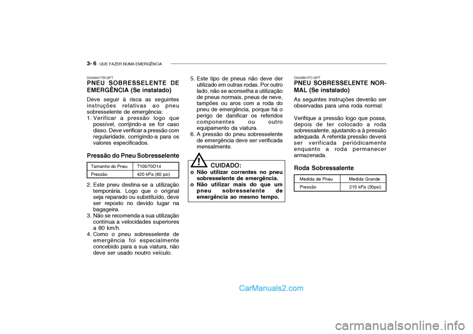 Hyundai Getz 2004  Manual do proprietário (in Portuguese) 3- 6  QUE FAZER NUMA EMERGÊNCIA
D040A01TB-GPT PNEU SOBRESSELENTE DE EMERGÊNCIA (Se instalado) Deve seguir à risca as seguintes instruções relativas ao pneusobresselente de emergência:
1. Verific