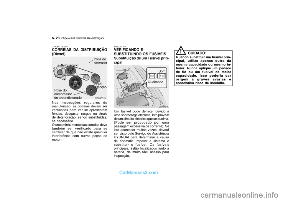 Hyundai Getz 2004 Manual do proprietário (in Portuguese) 6- 28 FAÇA A SUA PRÓPRIA MANUTENÇÃO
G200A01L
SG200A1-FP
VERIFICANDO E SUBSTITUINDO OS FUSÍVEIS Substituição de um Fusível prin-cipal
Bom
Queimado
Um fusível pode derreter devido a uma sobrec Hyundai Getz 2004 Manual do proprietário (in Portuguese) 6- 28 FAÇA A SUA PRÓPRIA MANUTENÇÃO
G200A01L
SG200A1-FP
VERIFICANDO E SUBSTITUINDO OS FUSÍVEIS Substituição de um Fusível prin-cipal
Bom
Queimado
Um fusível pode derreter devido a uma sobrec