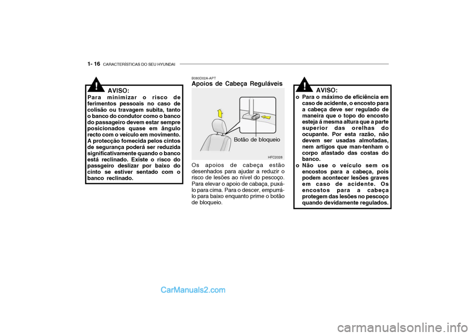 Hyundai Getz 2004  Manual do proprietário (in Portuguese) 1- 16  CARACTERÍSTICAS DO SEU HYUNDAI
HFC2028
B080D02A-APT Apoios de Cabeça Reguláveis Os apoios de cabeça estão
desenhados para ajudar a reduzir o risco de lesões ao nível do pescoço.
Para el