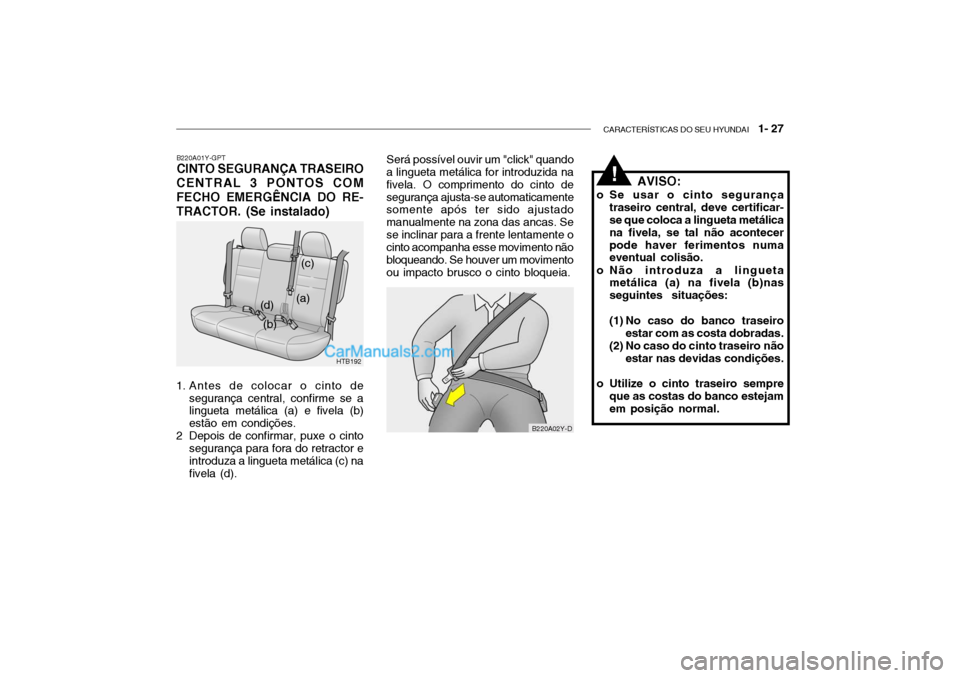 Hyundai Getz 2004  Manual do proprietário (in Portuguese) CARACTERÍSTICAS DO SEU HYUNDAI   1- 27
B220A01Y-GPT CINTO SEGURANÇA TRASEIRO
CENTRAL 3 PONTOS COM FECHO EMERGÊNCIA DO RE-TRACTOR. (Se instalado)
HTB192
B220A02Y-D
(a)
(b) (c)
(d)
1. Antes de coloca
