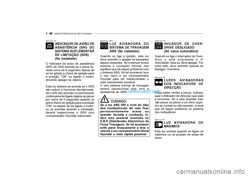 Hyundai Getz 2004 Manual do proprietário (in Portuguese) 1- 48 CARACTERÍSTICAS DO SEU HYUNDAI
SB210C1-FP
INDICADOR DE AVISO DE
ASSISTÊNCIA (SRI) DOSISTEMA SUPLEMENTAR
DE LIMITAÇÃO (SRS) (Se instalado)
O indicador de aviso de assistência (SRI) do SRS Hyundai Getz 2004 Manual do proprietário (in Portuguese) 1- 48 CARACTERÍSTICAS DO SEU HYUNDAI
SB210C1-FP
INDICADOR DE AVISO DE
ASSISTÊNCIA (SRI) DOSISTEMA SUPLEMENTAR
DE LIMITAÇÃO (SRS) (Se instalado)
O indicador de aviso de assistência (SRI) do SRS