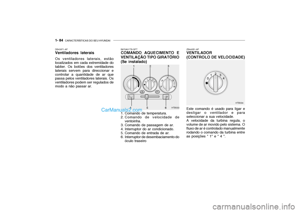 Hyundai Getz 2004  Manual do proprietário (in Portuguese) 1- 84  CARACTERÍSTICAS DO SEU HYUNDAI
B670A01TB-GPT COMANDO AQUECIMENTO E
VENTILAÇÃO TIPO GIRATÓRIO (Se instalado) 
1. Comando de temperatura. 
2. Comando de velocidade de ventoinha.
3. Comando de
