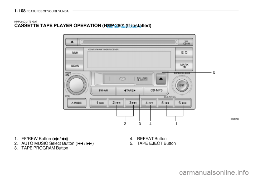 Hyundai Getz 2003  Owners Manual 1- 108  FEATURES OF YOUR HYUNDAI
2
HMP280C01TB-GAT CASSETTE TAPE PLAYER OPERATION (HMP 280) (If installed)
HTB313
1. FF/REW Button (     /     ) 
2. AUTO MUSIC Select Button (      /      )
3. TAPE PR