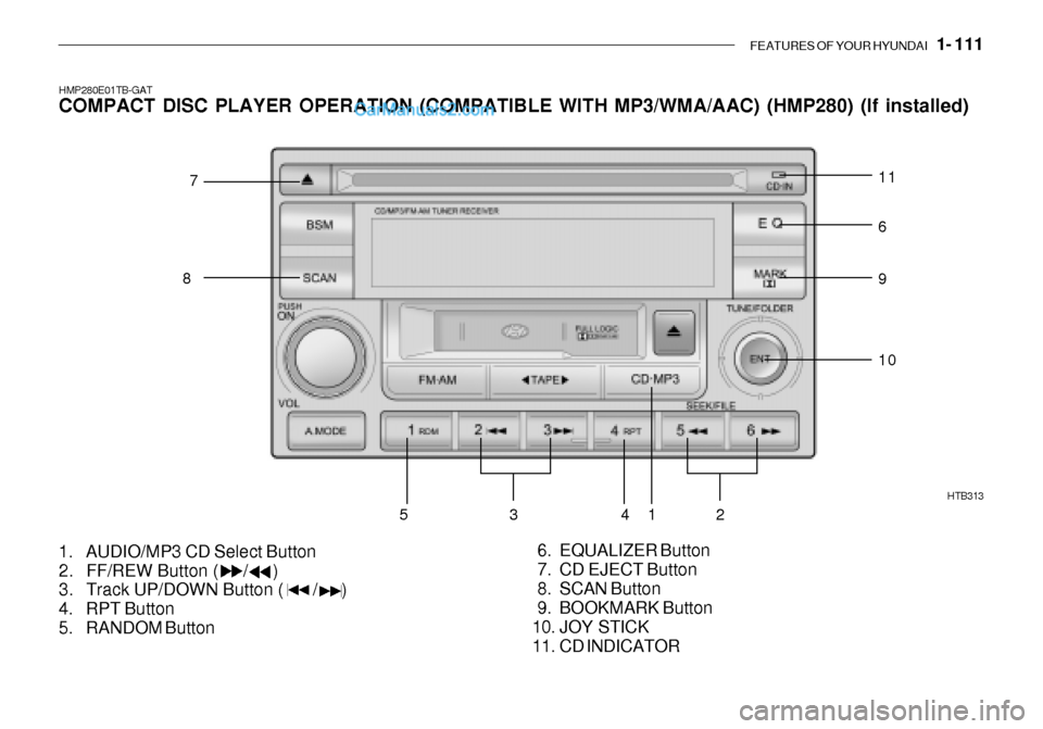Hyundai Getz 2003  Owners Manual FEATURES OF YOUR HYUNDAI   1- 111
HMP280E01TB-GAT COMPACT DISC PLAYER OPERATION (COMPATIBLE WITH MP3/WMA/AAC) (HMP280) (If installed) 
1. AUDIO/MP3 CD Select Button 
2. FF/REW Button (     /     ) 
3.