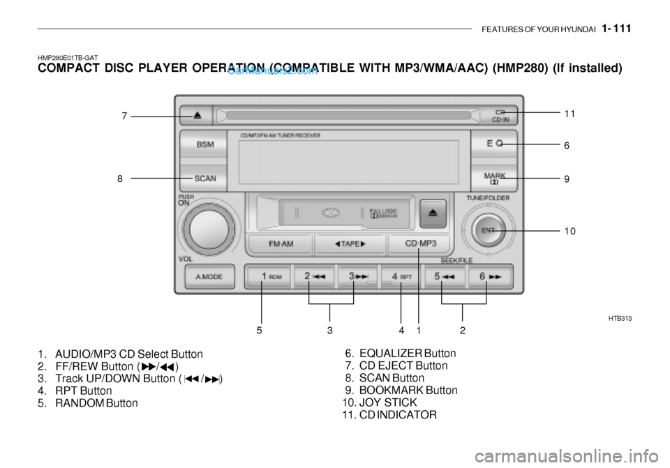 Hyundai Getz 2003 Owners Manual FEATURES OF YOUR HYUNDAI 1- 111
HMP280E01TB-GAT COMPACT DISC PLAYER OPERATION (COMPATIBLE WITH MP3/WMA/AAC) (HMP280) (If installed)
1. AUDIO/MP3 CD Select Button
2. FF/REW Button ( / )
3. Hyundai Getz 2003 Owners Manual FEATURES OF YOUR HYUNDAI 1- 111
HMP280E01TB-GAT COMPACT DISC PLAYER OPERATION (COMPATIBLE WITH MP3/WMA/AAC) (HMP280) (If installed)
1. AUDIO/MP3 CD Select Button
2. FF/REW Button ( / )
3.