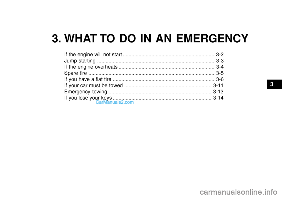 Hyundai Getz 2003  Owners Manual 3. WHAT TO DO IN AN EMERGENCY
If the engine will not start ................................................................ 3-2 
Jump starting .........................................................