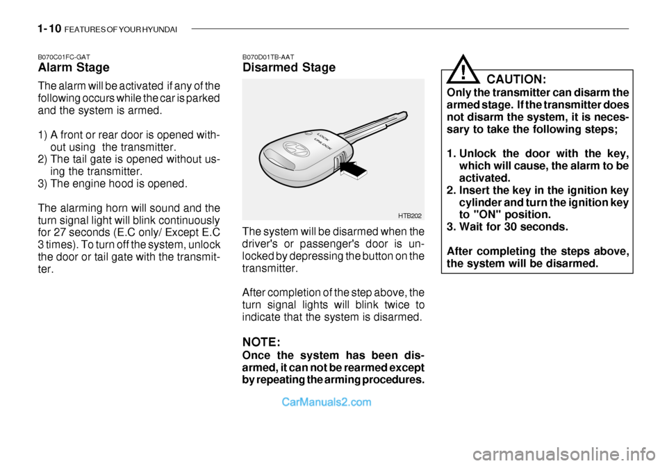 Hyundai Getz 2003  Owners Manual 1- 10  FEATURES OF YOUR HYUNDAI
HTB202
B070D01TB-AAT Disarmed Stage
B070C01FC-GATAlarm Stage The alarm will be activated  if any of the following occurs while the car is parkedand the system is armed.