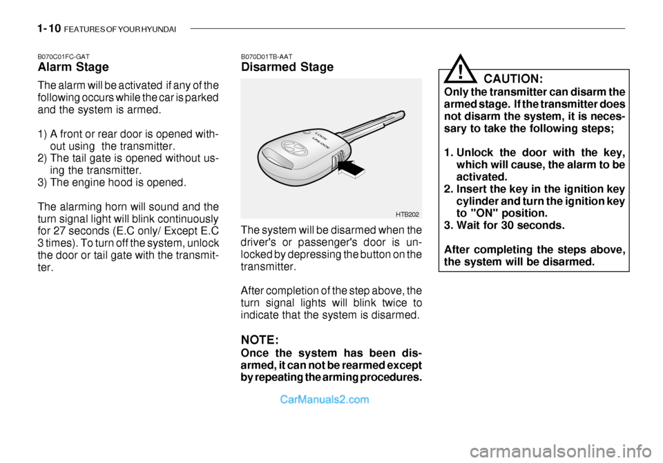 Hyundai Getz 2003 Owners Guide 1- 10 FEATURES OF YOUR HYUNDAI
HTB202
B070D01TB-AAT Disarmed Stage
B070C01FC-GATAlarm Stage The alarm will be activated if any of the following occurs while the car is parkedand the system is armed. Hyundai Getz 2003 Owners Guide 1- 10 FEATURES OF YOUR HYUNDAI
HTB202
B070D01TB-AAT Disarmed Stage
B070C01FC-GATAlarm Stage The alarm will be activated if any of the following occurs while the car is parkedand the system is armed.
