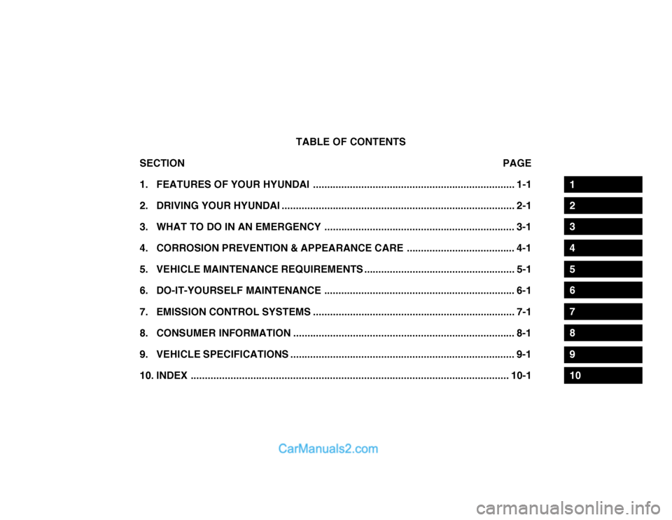 Hyundai Getz 2003 Owners Manual TABLE OF CONTENTS
SECTION PAGE
1. FEATURES OF YOUR HYUNDAI ....................................................................... 1-1
2. DRIVING YOUR HYUNDAI ....................................... Hyundai Getz 2003 Owners Manual TABLE OF CONTENTS
SECTION PAGE
1. FEATURES OF YOUR HYUNDAI ....................................................................... 1-1
2. DRIVING YOUR HYUNDAI .......................................