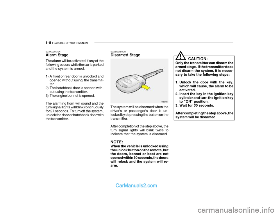 Hyundai Getz 2003 Owners Manual 1- 8 FEATURES OF YOUR HYUNDAI
HTB202
B070D02TB-AAT Disarmed Stage
B070C02FC-EATAlarm Stage The alarm will be activated if any of the following occurs while the car is parkedand the system is armed. Hyundai Getz 2003 Owners Manual 1- 8 FEATURES OF YOUR HYUNDAI
HTB202
B070D02TB-AAT Disarmed Stage
B070C02FC-EATAlarm Stage The alarm will be activated if any of the following occurs while the car is parkedand the system is armed.