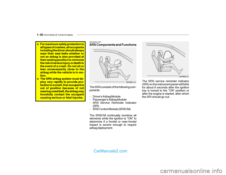 Hyundai Getz 2003 Owners Manual 1- 30 FEATURES OF YOUR HYUNDAI
o For maximum safety protection in
all types of crashes, all occupants including the driver should always wear their seat belts whether ornot an airbag is also provided Hyundai Getz 2003 Owners Manual 1- 30 FEATURES OF YOUR HYUNDAI
o For maximum safety protection in
all types of crashes, all occupants including the driver should always wear their seat belts whether ornot an airbag is also provided