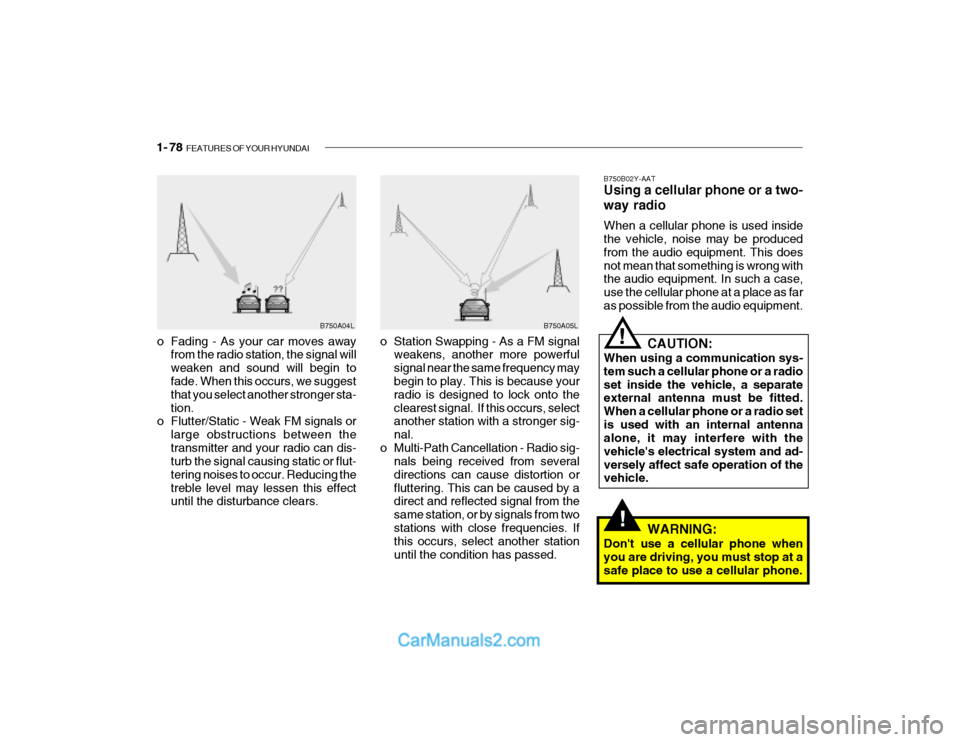 Hyundai Getz 2003  Owners Manual 1- 78  FEATURES OF YOUR HYUNDAI
!
B750A04L B750A05L
o Station Swapping - As a FM signal weakens, another more powerful signal near the same frequency may begin to play. This is because your radio is d