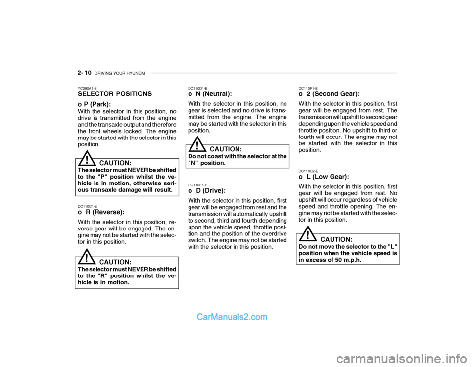 Hyundai Getz 2003  Owners Manual 2- 10  DRIVING YOUR HYUNDAI
YC090A1-E SELECTOR POSITIONS o P (Park): With the selector in this position, no drive is transmitted from the engine and the transaxle output and thereforethe front wheels 