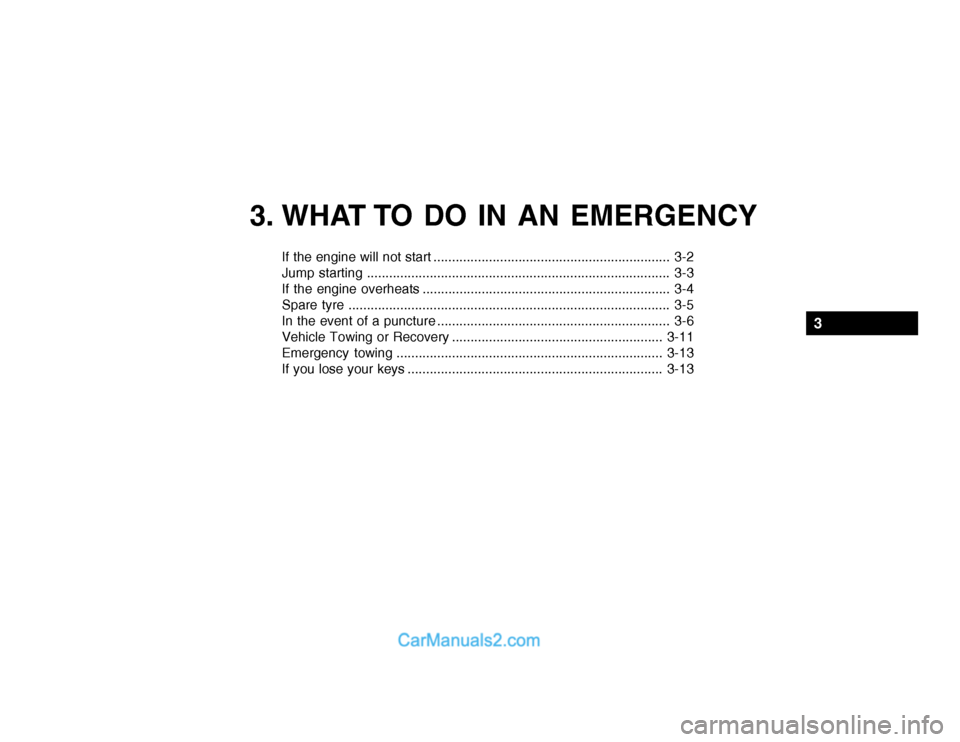 Hyundai Getz 2003 Owners Manual 3. WHAT TO DO IN AN EMERGENCY
If the engine will not start ................................................................ 3-2
Jump starting ......................................................... Hyundai Getz 2003 Owners Manual 3. WHAT TO DO IN AN EMERGENCY
If the engine will not start ................................................................ 3-2
Jump starting .........................................................