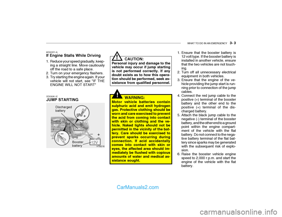 Hyundai Getz 2003 Owners Manual WHAT TO DO IN AN EMERGENCY 3- 3
!
HTB218
Discharged battery
Booster battery
CAUTION:
Personal injury and damage to the vehicle may occur if jump starting is not performed correctly. If anydoubt exi Hyundai Getz 2003 Owners Manual WHAT TO DO IN AN EMERGENCY 3- 3
!
HTB218
Discharged battery
Booster battery
CAUTION:
Personal injury and damage to the vehicle may occur if jump starting is not performed correctly. If anydoubt exi