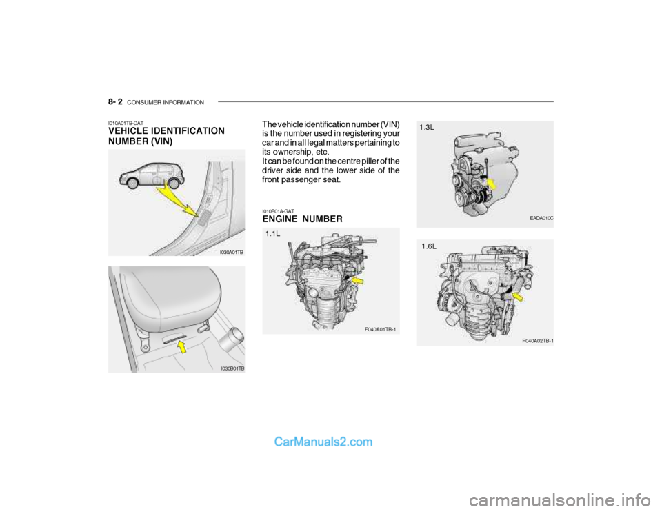 Hyundai Getz 2003 Owners Manual 8- 2 CONSUMER INFORMATION
I030A01TB EADA010C
I010A01TB-DAT VEHICLE IDENTIFICATION NUMBER (VIN)
The vehicle identification number (VIN) is the number used in registering your car and in all legal matt Hyundai Getz 2003 Owners Manual 8- 2 CONSUMER INFORMATION
I030A01TB EADA010C
I010A01TB-DAT VEHICLE IDENTIFICATION NUMBER (VIN)
The vehicle identification number (VIN) is the number used in registering your car and in all legal matt