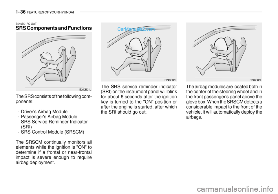 Hyundai Getz 2003 Owners Manual 1- 36 FEATURES OF YOUR HYUNDAI
The SRS consists of the following com- ponents:
- Drivers Airbag Module
- Passengers Airbag Module
- SRS Service Reminder Indicator (SRI)
- SRS Control Module (SRSCM Hyundai Getz 2003 Owners Manual 1- 36 FEATURES OF YOUR HYUNDAI
The SRS consists of the following com- ponents:
- Drivers Airbag Module
- Passengers Airbag Module
- SRS Service Reminder Indicator (SRI)
- SRS Control Module (SRSCM