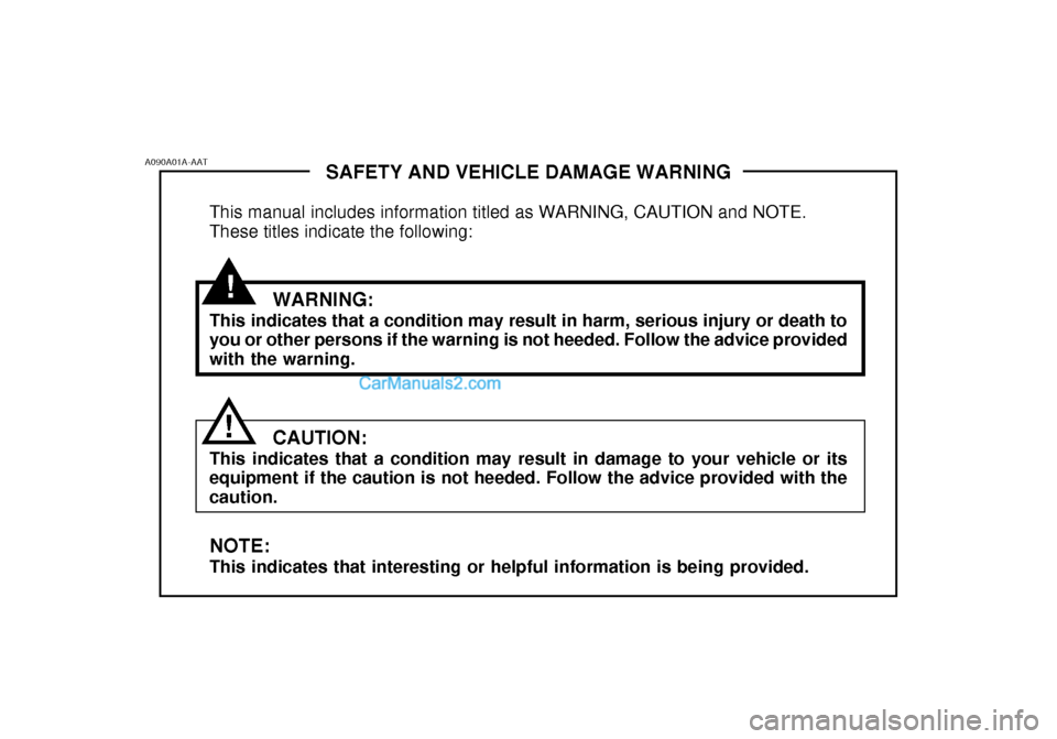 Hyundai Getz 2003  Owners Manual !
SAFETY AND VEHICLE DAMAGE WARNING
This manual includes information titled as WARNING, CAUTION and NOTE. These titles indicate the following:
WARNING:
This indicates that a condition may result in ha